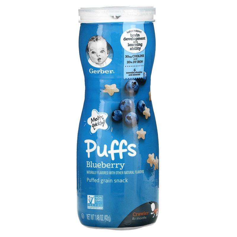 Gerber, Puffs, Cereal Snack, Crawler, 8+ Months, Blueberry, 1.48 oz (42 g)