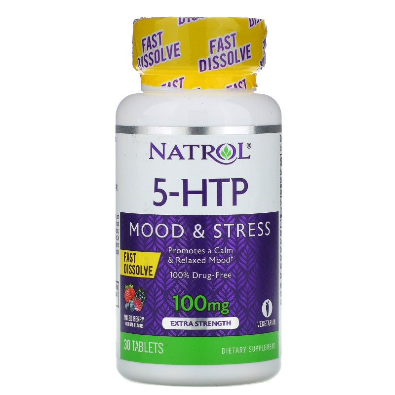 Natrol, 5-HTP, быстрорастворимый, особо эффективный, вкус диких ягод, 100 мг, 30 таблеток