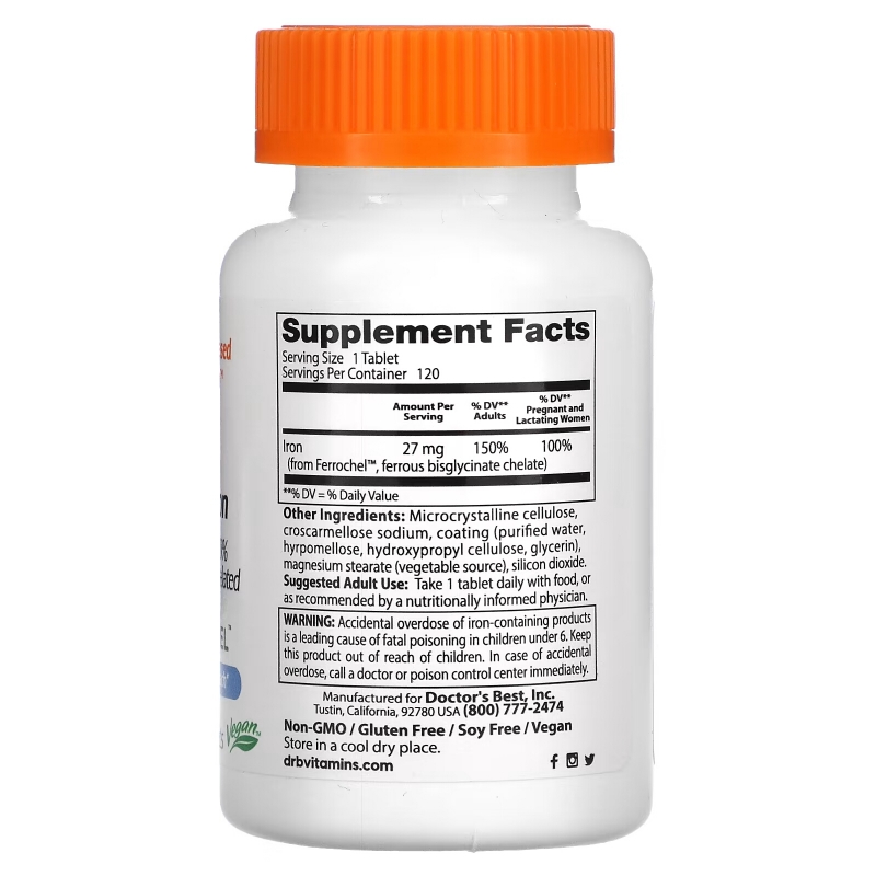 Doctor's Best, Высокая усваиваемость с Ferrochel, 27 мг, 120 таблеток