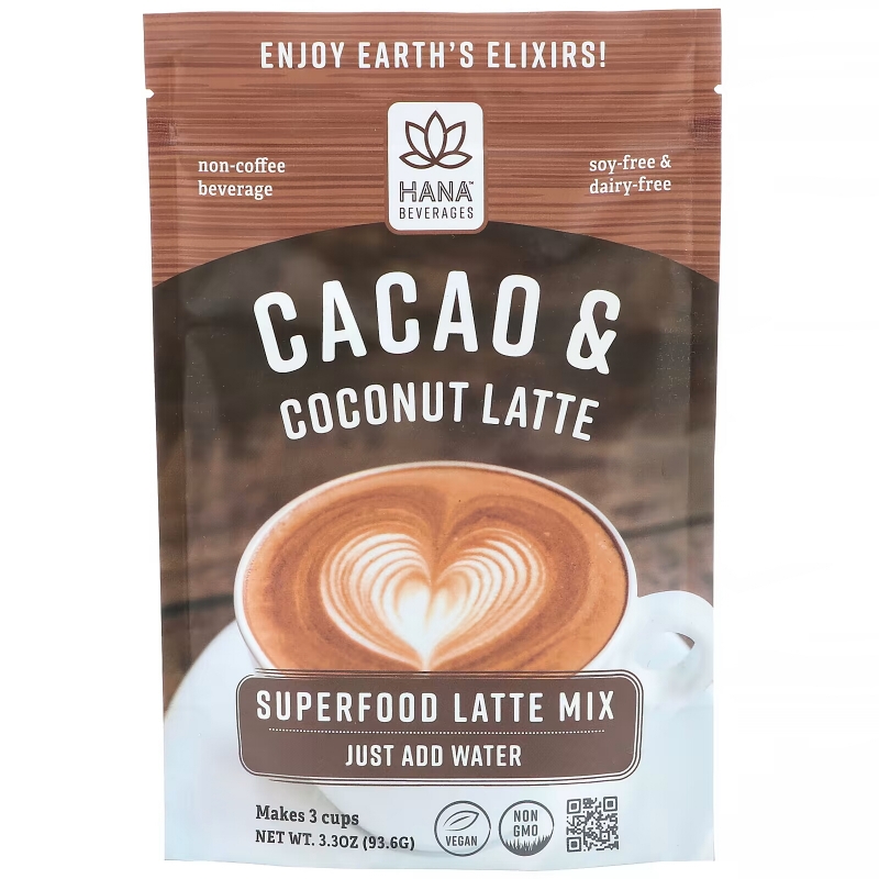 Hana Beverage, Cacao & Coconut Latte, Non-Coffee Superfood Beverage, 3.3 oz (93.6 g)